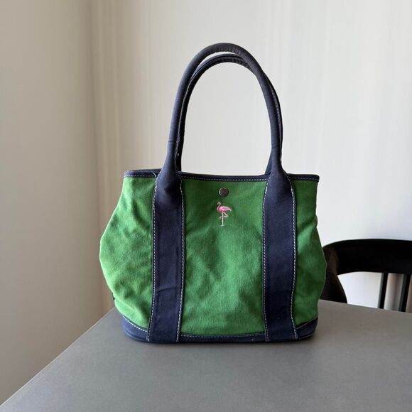 J.Crew Green and Navy canvas tote bag with Flamingos - Picture 3 of 6